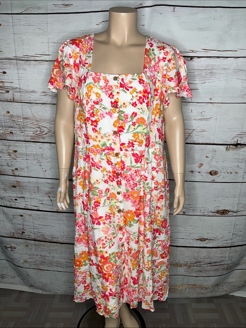 Lane Bryant NWT Size 26 White - Pink Floral Print Square Neckline Midi Dress